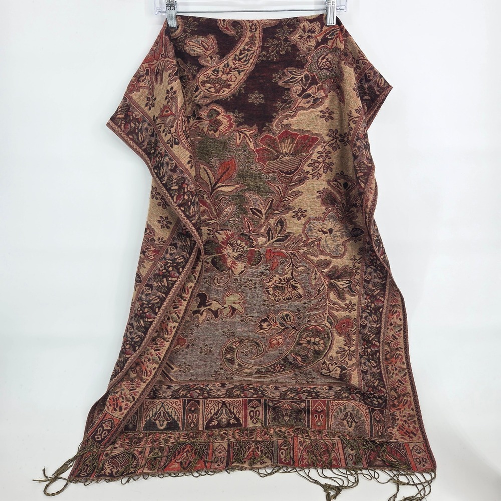 Pashmina Scarf OS Burgundy Brown Paisley Floral Fringed Boho Art Shawl Silk